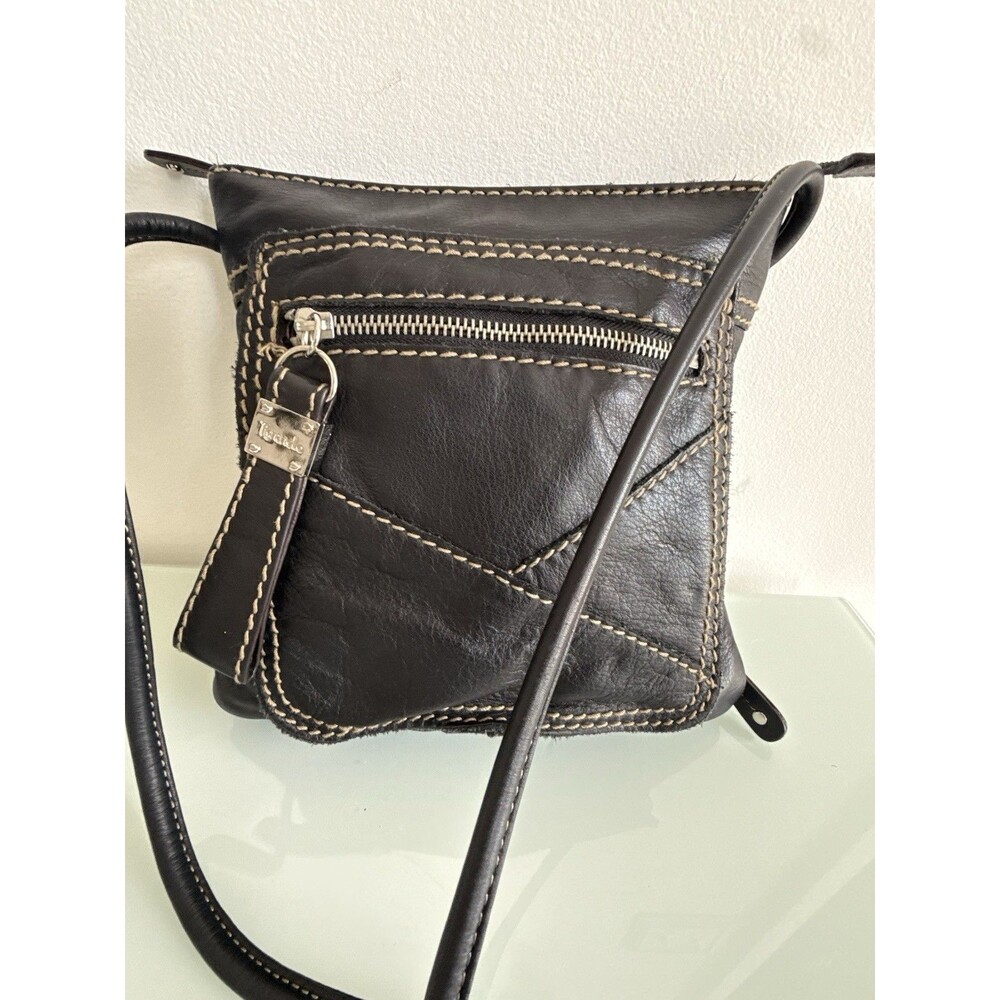 ✿ Tignanello Black Leather Crossbody Bag Contrast Stitch Boho Casual Classic
